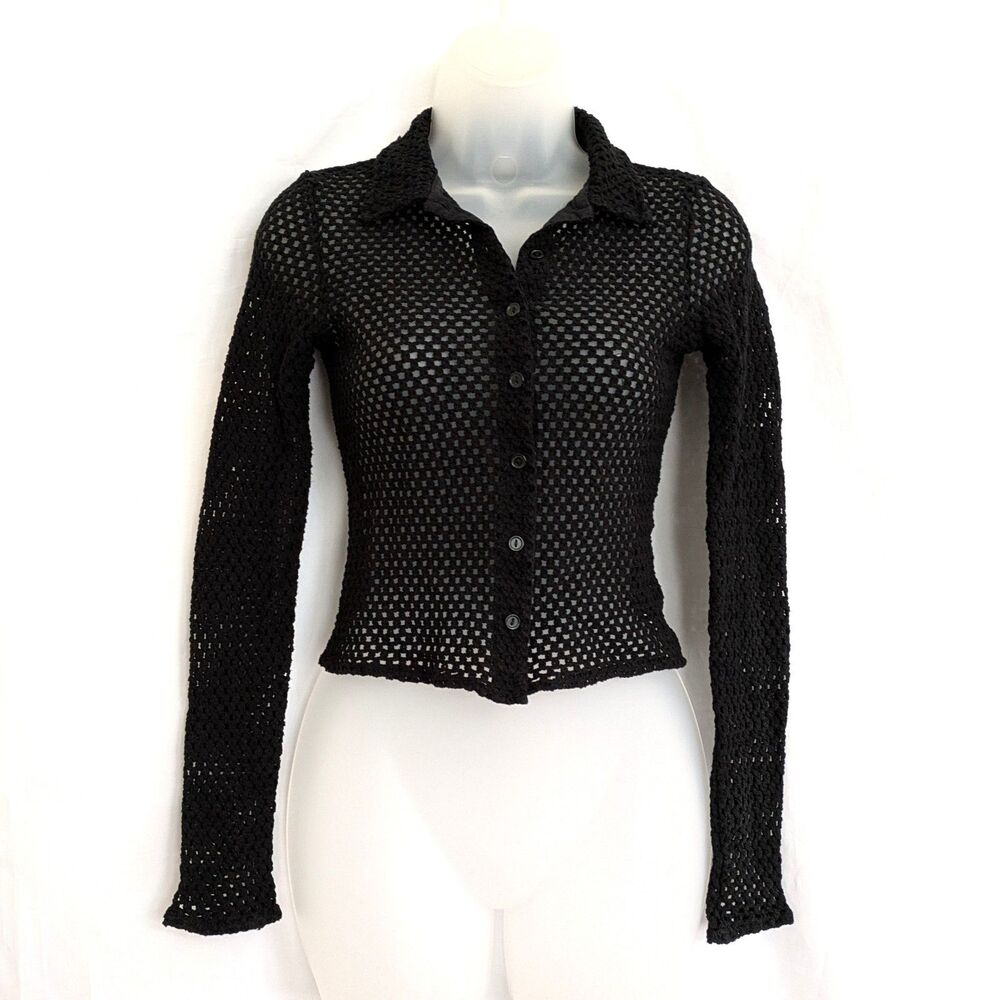 With Jéan Black Eva Top XS Open Knit Mesh Sheer Long Sleeve Button Front